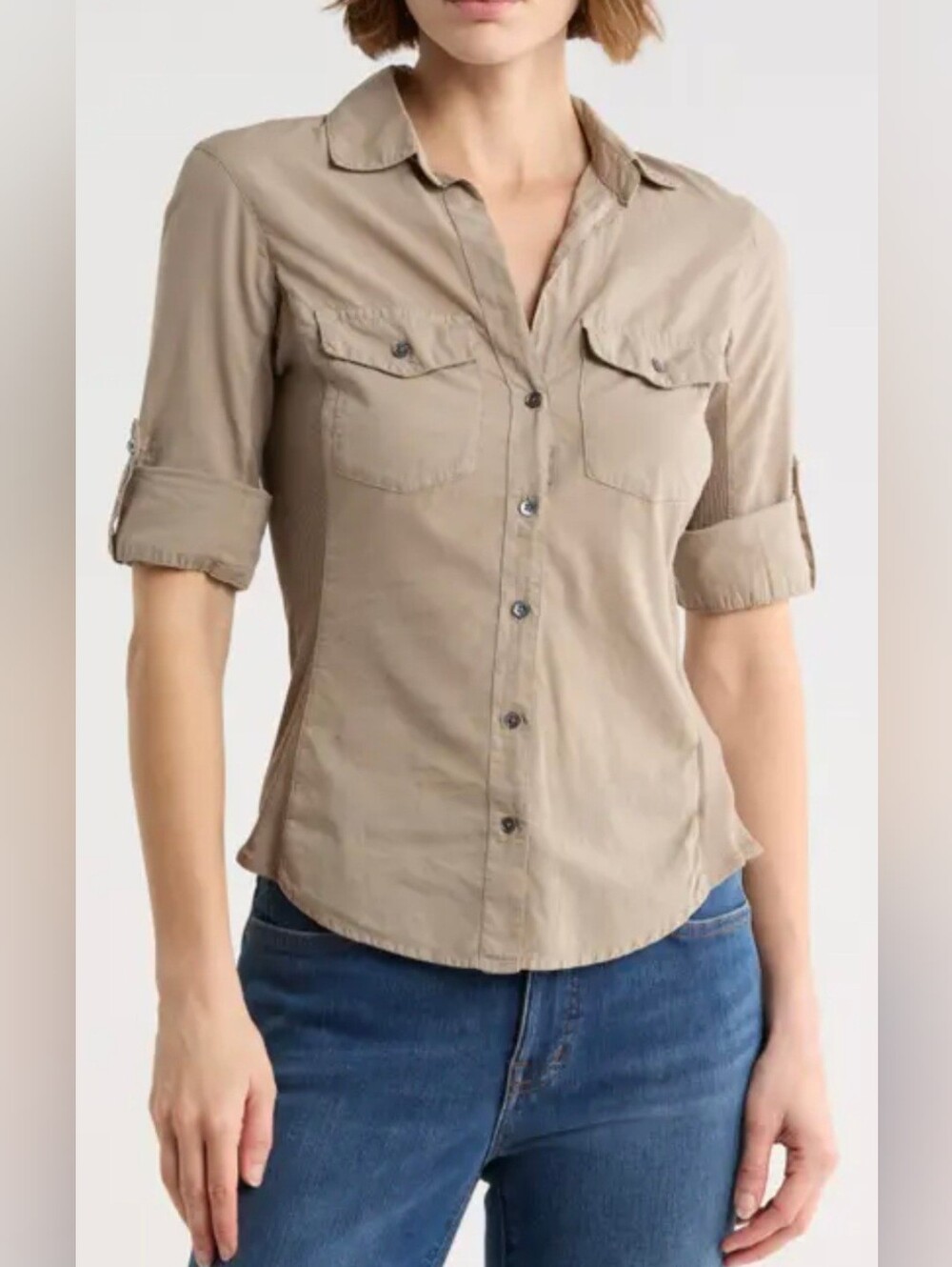 James Perse Taupe 3/4 Button-Down Shirt Size 1